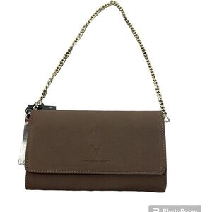 Vanessa Williams Clutch with gold chain handle in fawn faux suede NWT